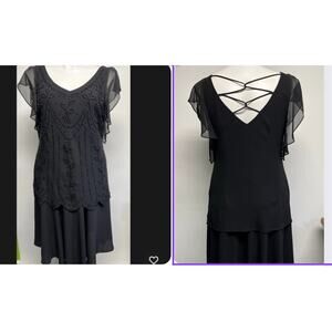 Vintage 90s Midi Beaded Dress 16W Chiffon Black Glam Formal Lace Up Back Elegant